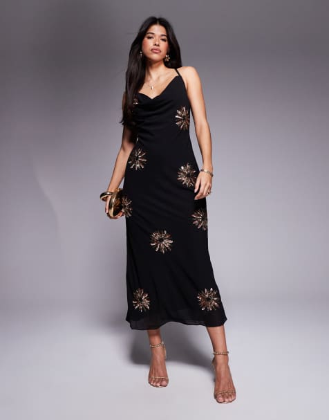River Island sequin cowl neck maxi dress in black 