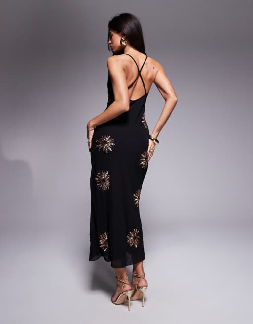 River Island sequin cowl neck maxi dress in black 