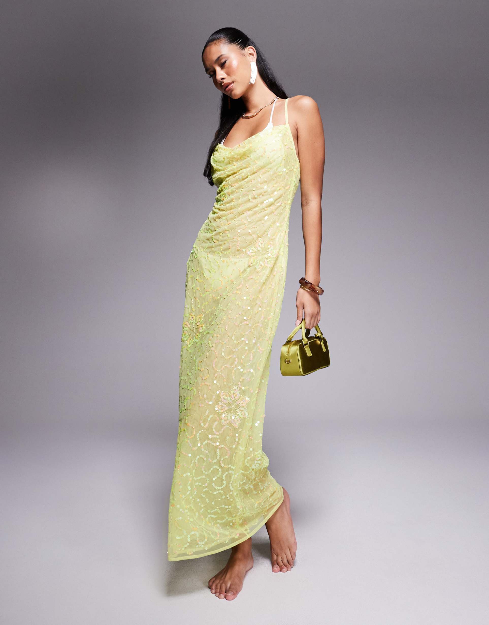 river island sequin cowl neck maxi dress in lime