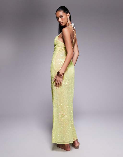 River Island sequin cowl neck maxi dress in lime
