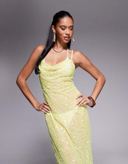 River Island sequin cowl neck maxi dress in lime