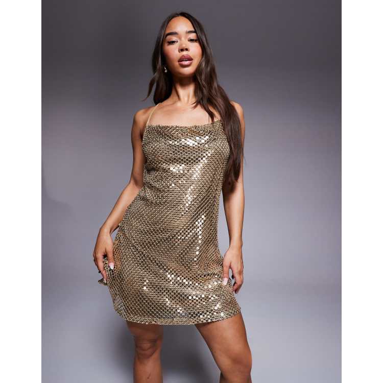 river island gold sequin maxi dress River Island sequin cowl neck mini dress in gold