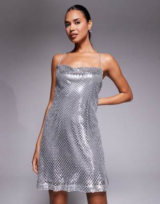 River Island Sequin Cowl Neck Mini Dress In Gray