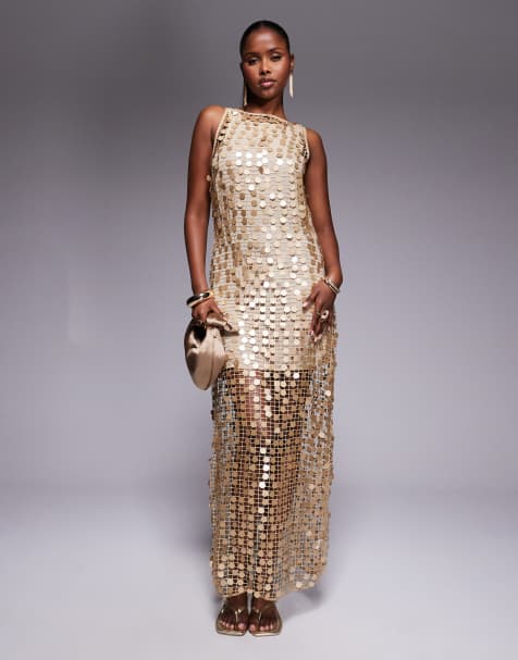 River Island sequin crochet maxi dress in gold - view 1