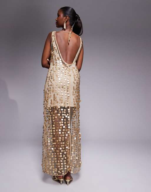 River Island sequin crochet maxi dress in gold