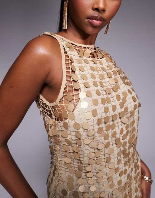 River Island sequin crochet maxi dress in gold