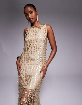 River Island sequin crochet maxi dress in gold | ASOS
