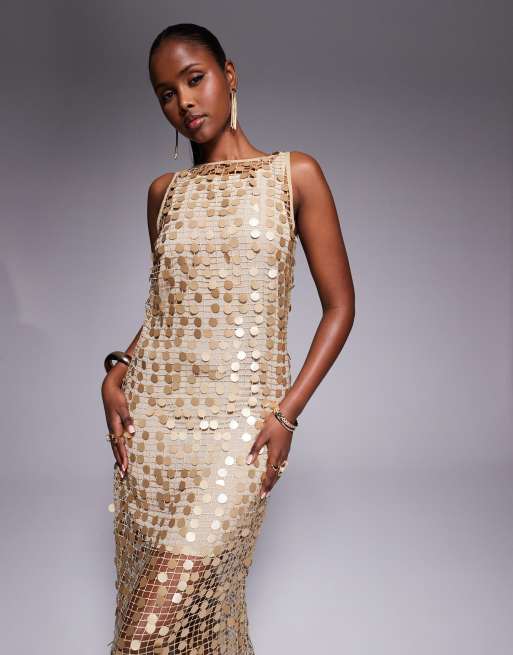 River Island sequin crochet maxi dress in gold
