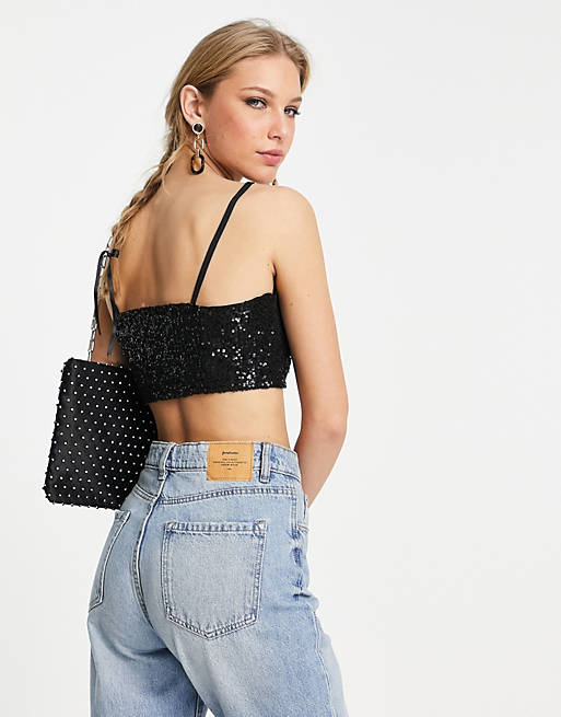  River Island sequin cropped cami top in black 