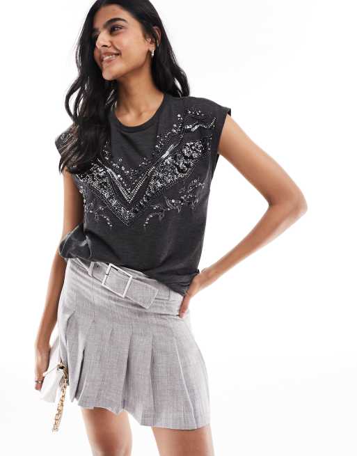 River Island Sequin detail t-shirt in grey - dark