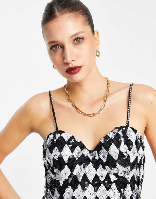 Ex River Island Sequin Diamond Mini Slip Dress In Black/White RRP £99