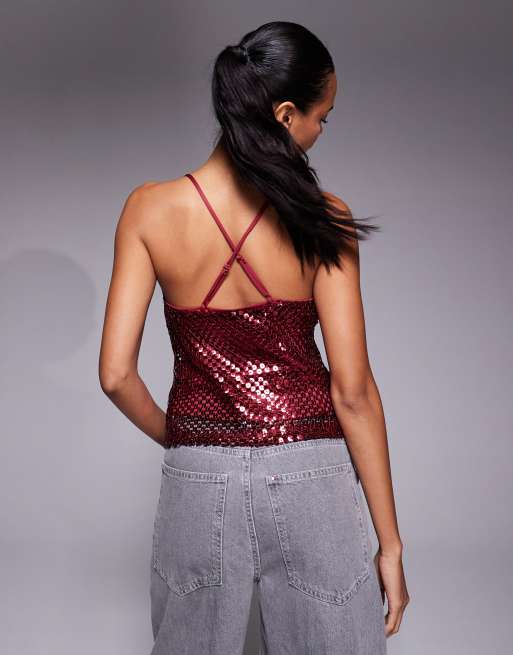 River Island sequin drape cami top in burgundy, 2 of 4