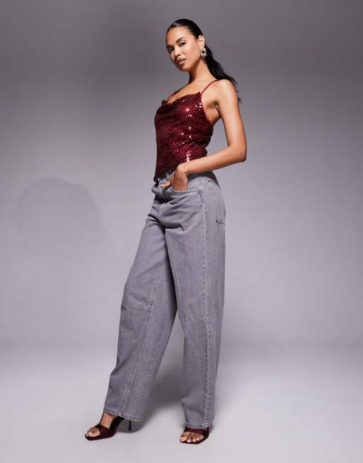 River Island sequin drape cami top in burgundy, 3 of 4