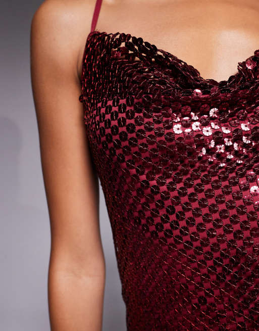 River Island sequin drape cami top in burgundy, 4 of 4