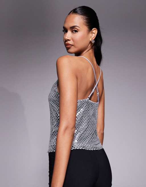 River Island sequin drape cami top in silver, 4 of 4