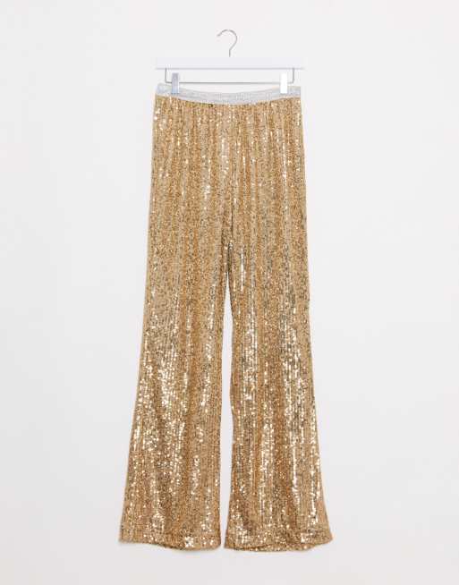 River Island sequin embellished flared trousers in gold