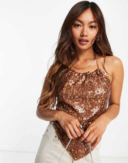 River Island sequin embellished halterneck hanky top in brown | ASOS