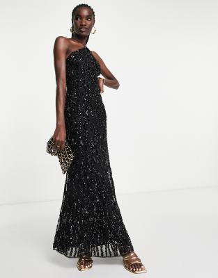 river island sequin cowl neck maxi dress in black River Island sequin embellished maxi dress in black