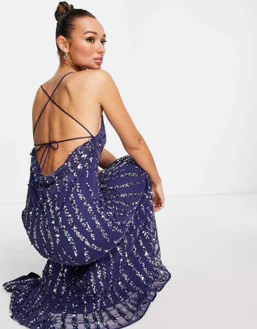 river island blue sequin dress River Island Blue Satin Maxi Dress River Island Sequin Embellished Maxi  Split Slip Dress In Navy ASOS