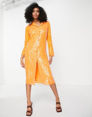 River Island sequin embellished midi shirt dress in orange - ASOS Price Checker