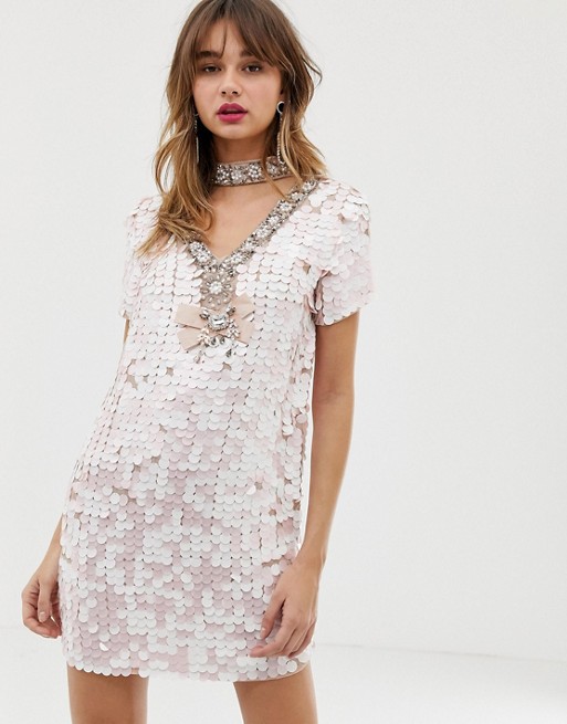 River Island sequin embellished shift dress with collar in pink