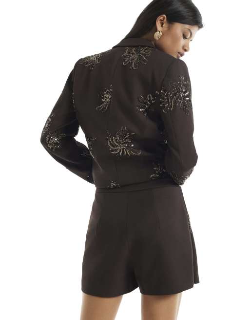 River Island Sequin embellished skort in brown - dark, 4 of 4