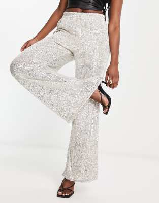 Dropping Hints | Champagne Sequin Wide Leg Trousers