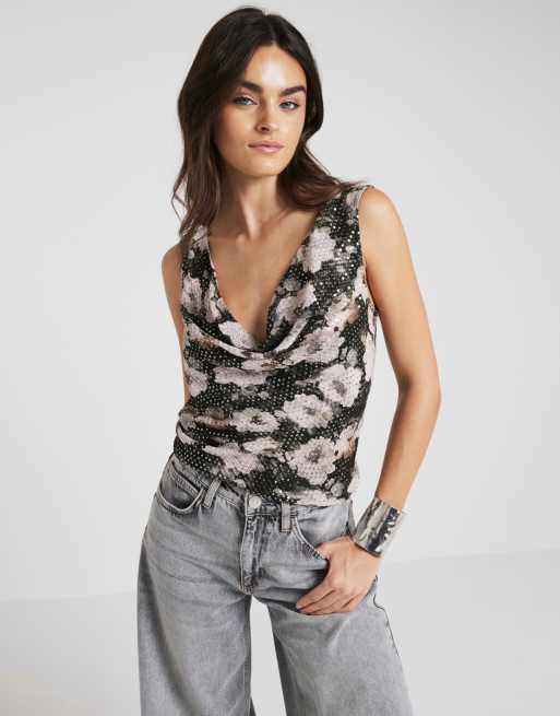River Island Sequin floral cowl neck top in black