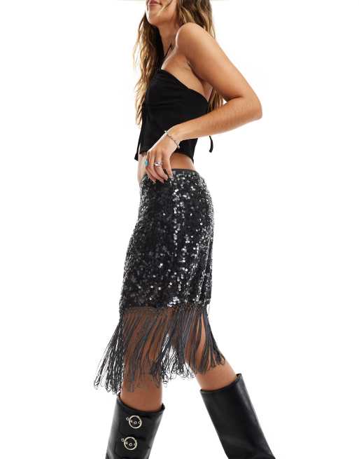 River Island sequin fringed mini skirt in black ASOS