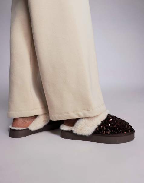 River Island sequin fur lined slippers in dark brown - view 1