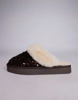 River Island Sequin Fur Lined Slippers In Black