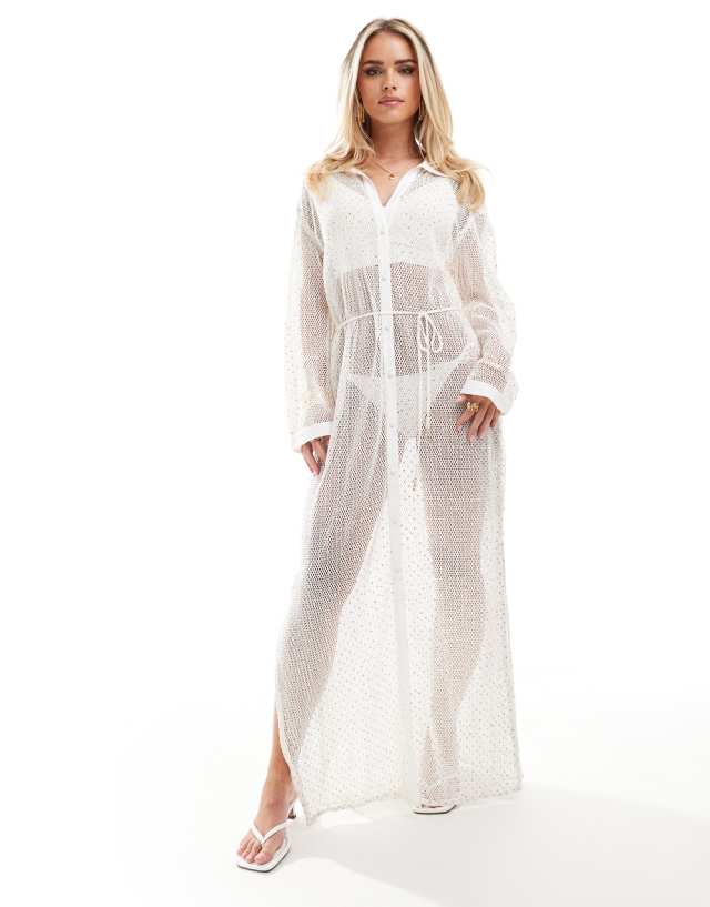 River Island - sequin maxi shirt beach dress in white