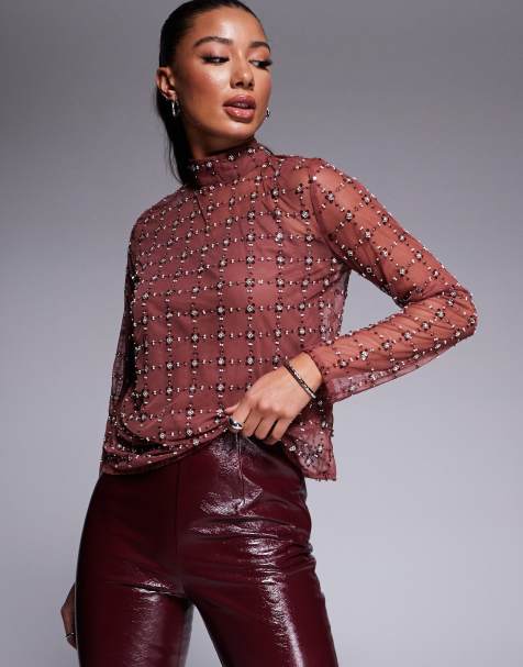 River Island sequin mesh long sleeve top in dark red - view 1