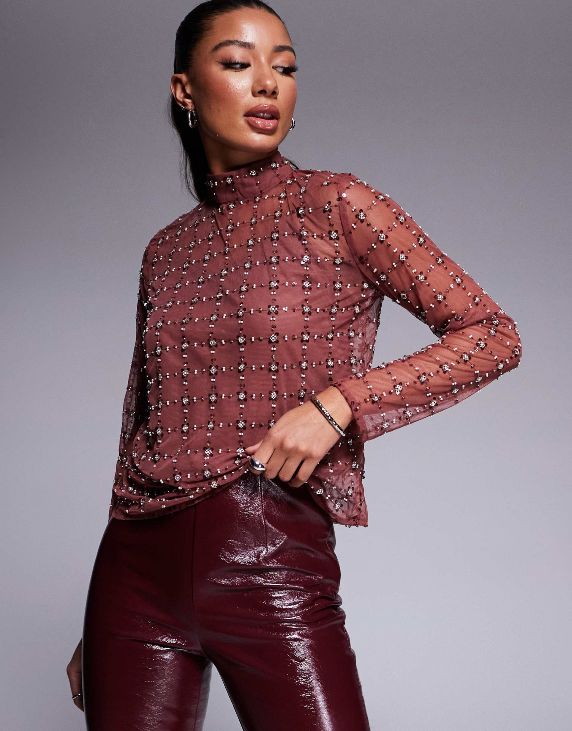 river island sequin mesh long sleeve top in dark red