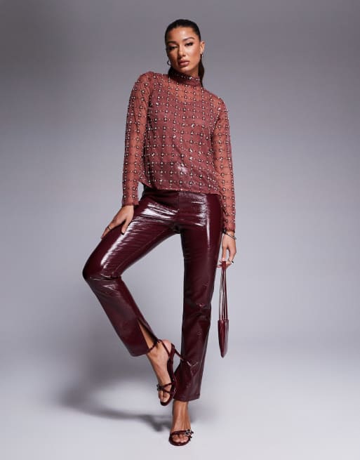 River Island sequin mesh long sleeve top in dark red | ASOS