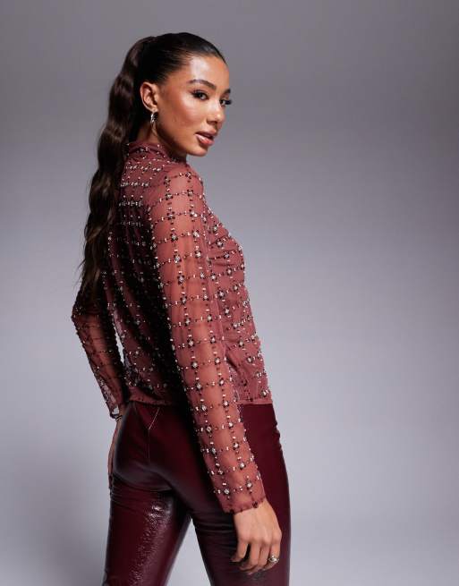 トップス nori1331 River Island sequin mesh long sleeve top in dark red | ASOS
