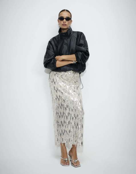 River Island Sequin midi skirt in cream