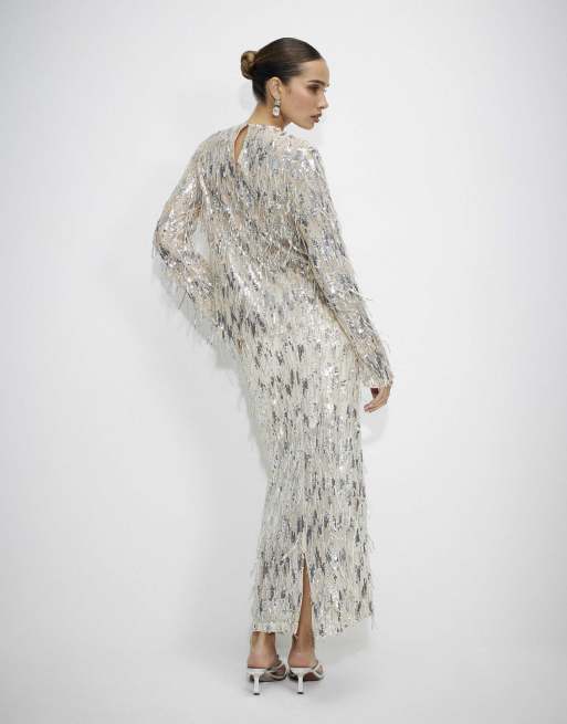 River Island Sequin midi skirt in cream, 4 of 4