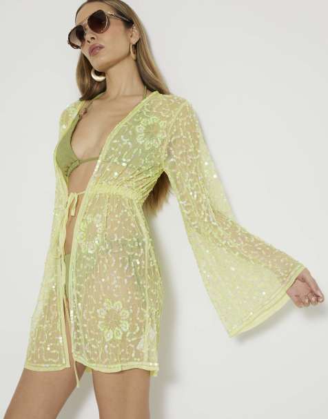 River Island Sequin mini kimono in lime - view 1