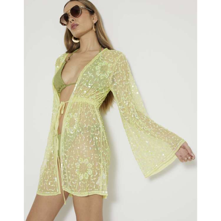 river island yellow sequin dress RIVER ISLAND YELLOW BLUE SEQUIN SPARKLE ROMPER MIRAGE DRESS SZE 6 UK 2 US  Floral