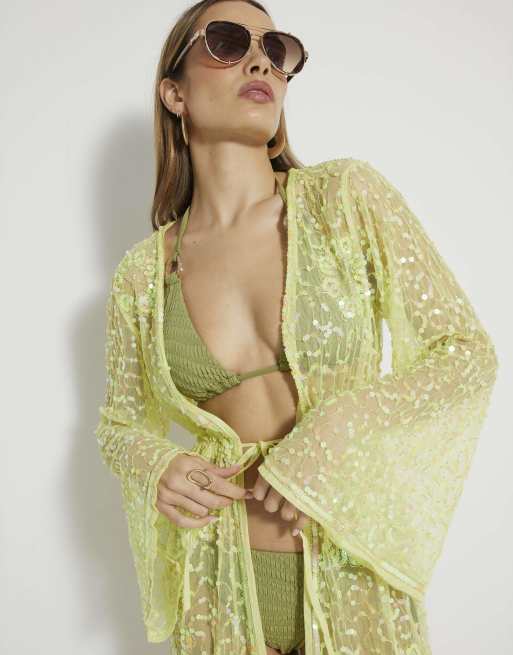 river island sequin kimono dress River Island Sequin mini kimono in lime