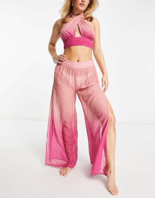 River Island sequin ombre fringed palazzo beach pants in bright pink