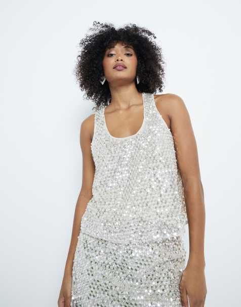 River Island sequin racer tank top in cream