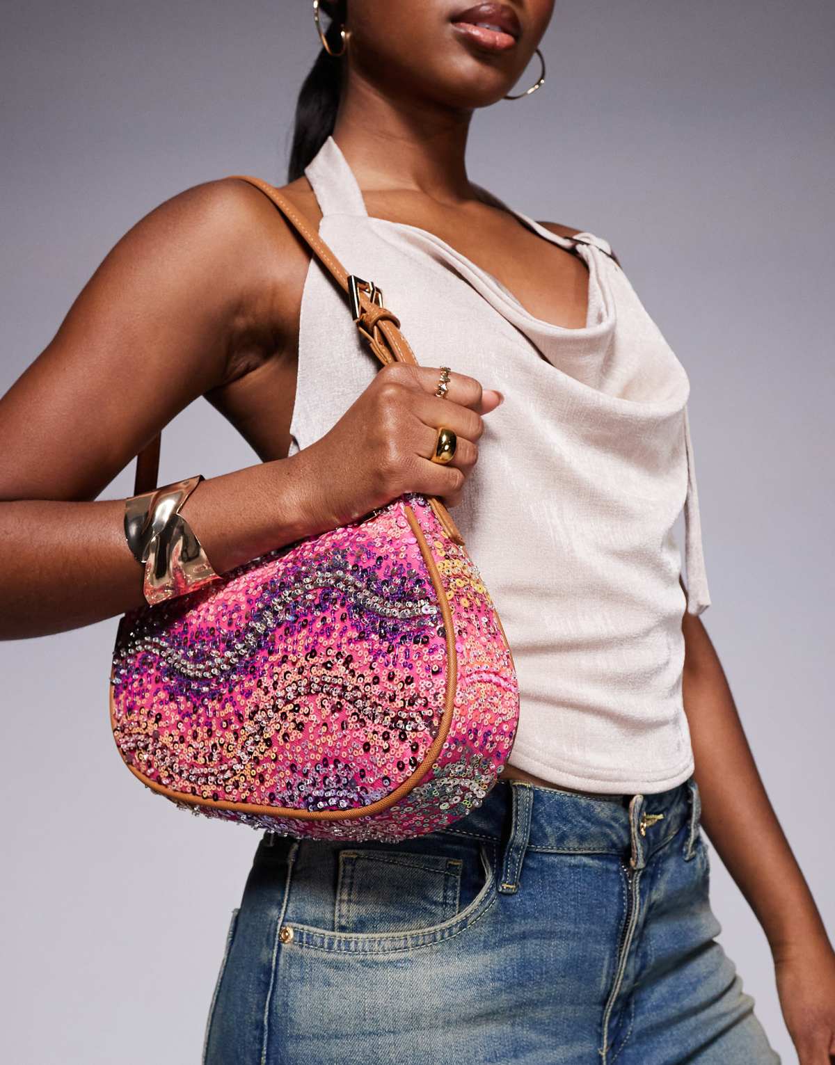 River Island sequin saddle bag in bright pink