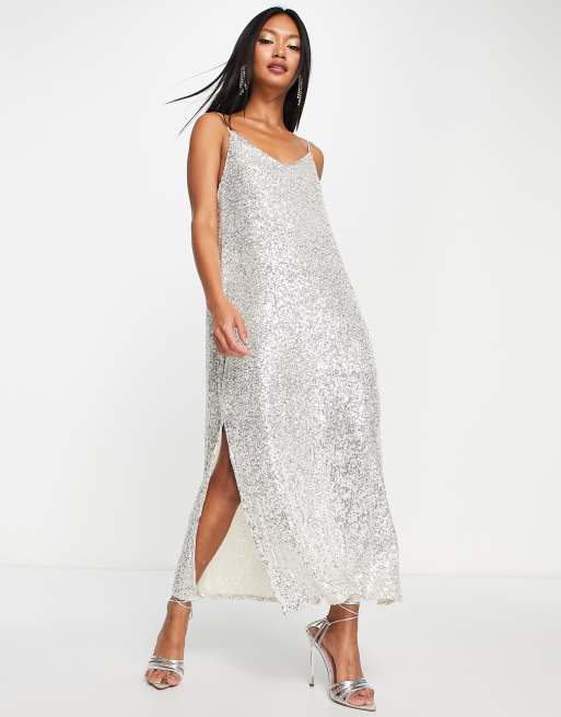 River Island sequin slip maxi dress in silver | ASOS