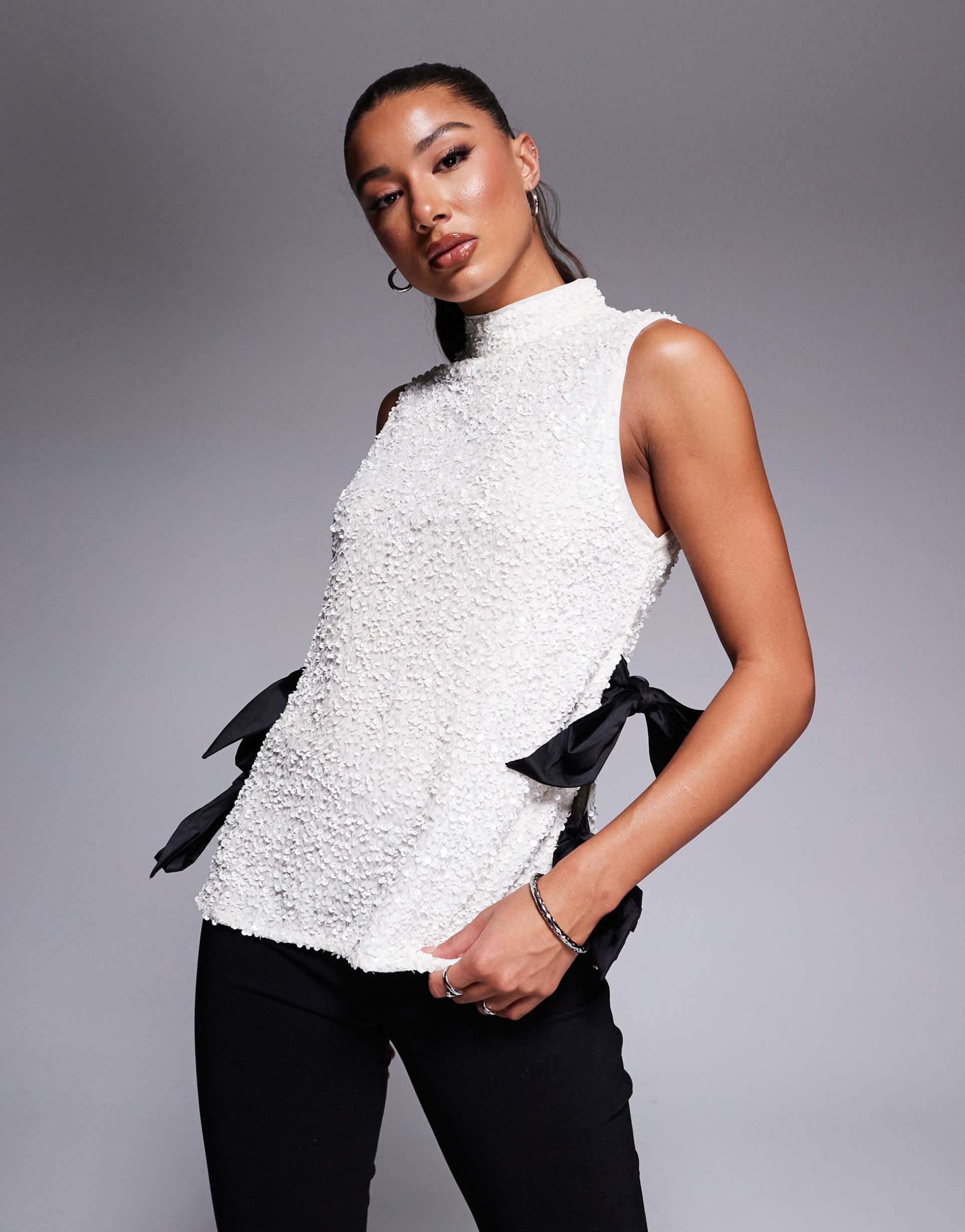 river island sequin top with side bow detail in white