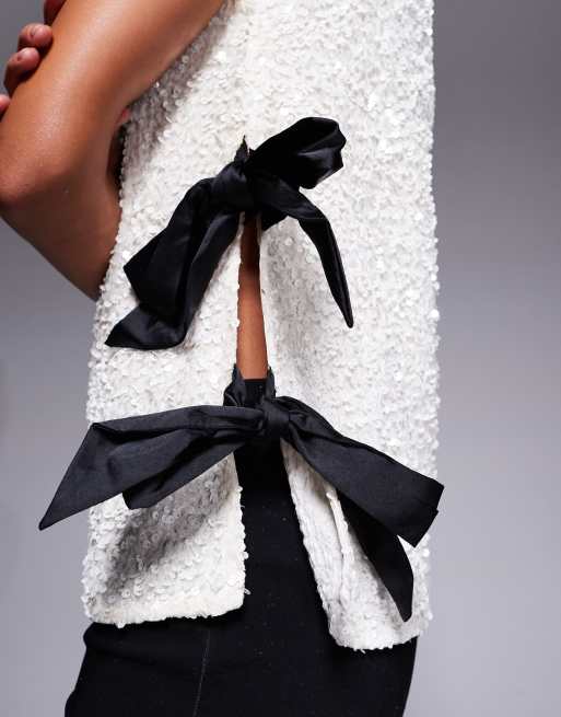 River Island sequin top with side bow detail in white ASOS