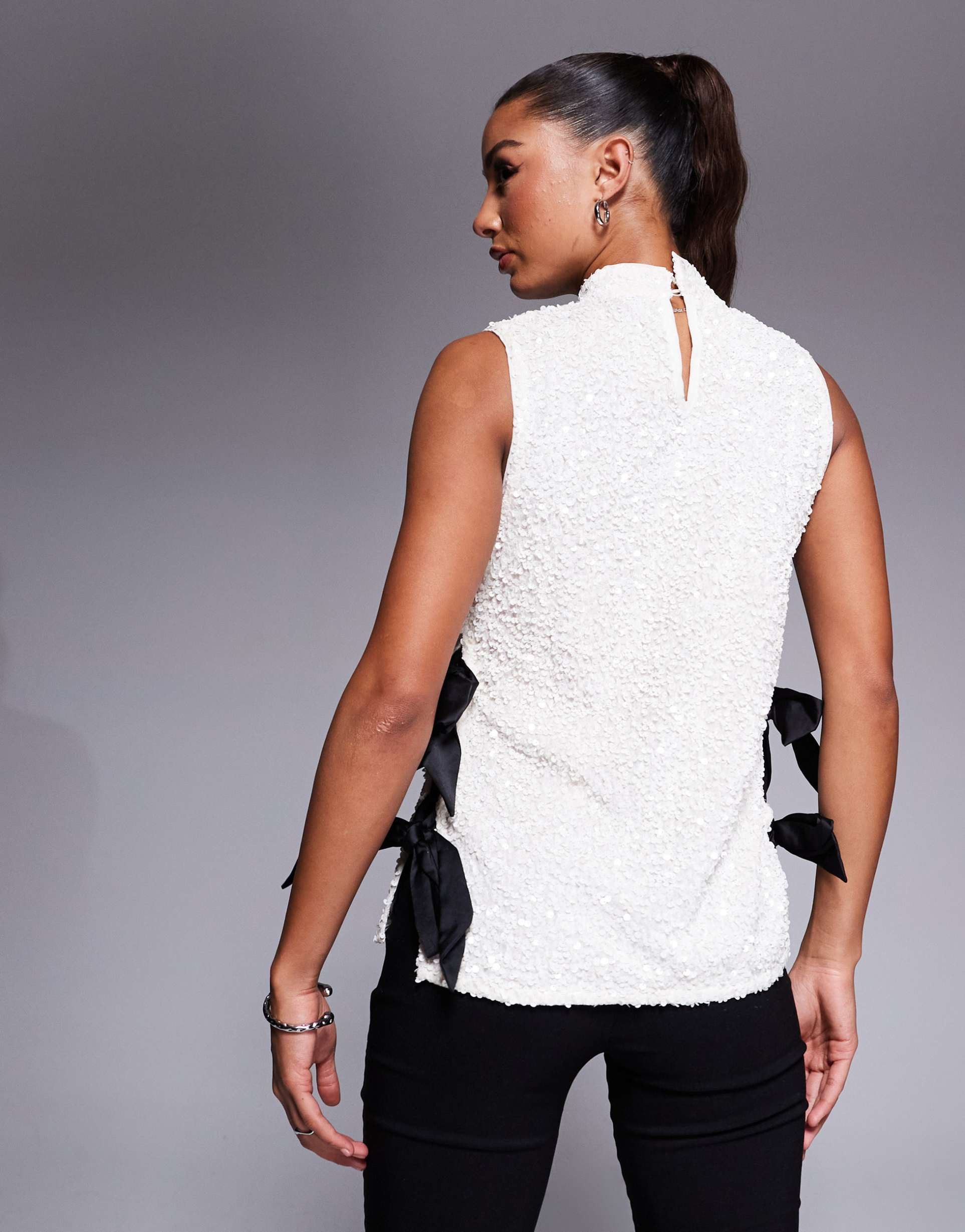 river island sequin top with side bow detail in white