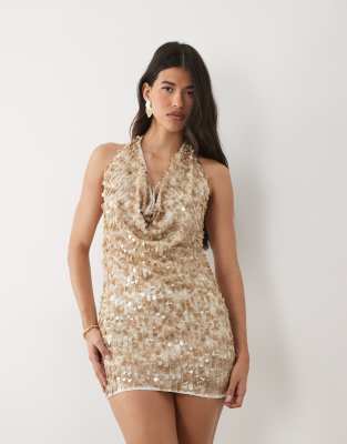 River Island Sequined Cowl Halter Neck Mini Dress In Neutral