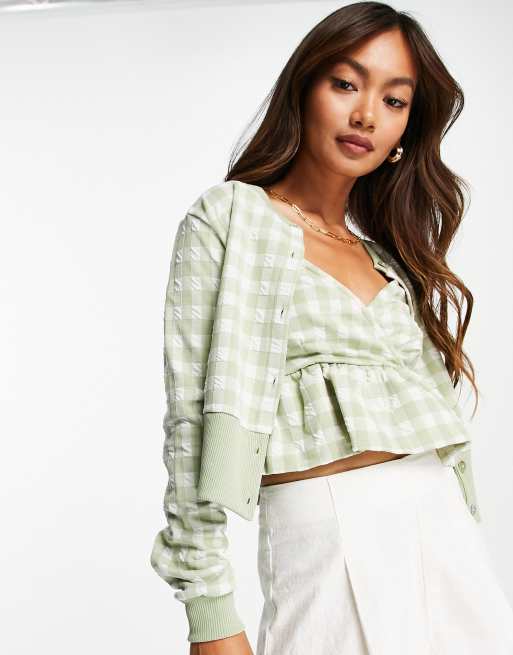 River Island – Set mit Camisole und Strickjacke in Grün kariert